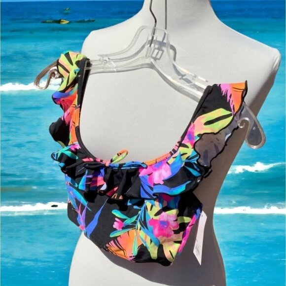 SO Mix & Match Floral Ruffle Midkini Top Girls Size Small Hyper Black NEW - Picture 5 of 5